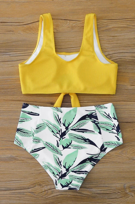 Plant Print Rib Knot Front High Waisted Bikini