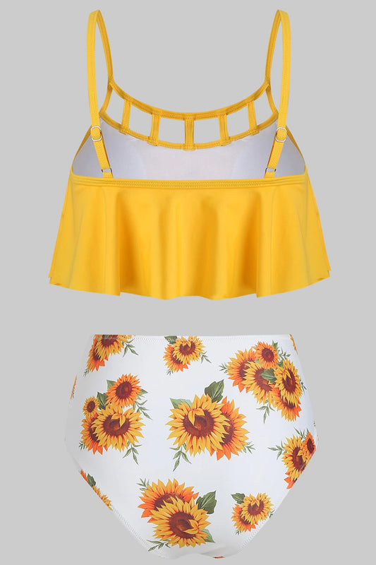 Ladder Cutout Lattice Sunflower Flounce Bikini Set