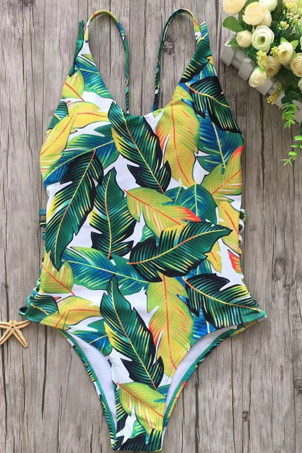 PALM LEAF CRISSCROSS STRAPPY BACK ONE PIECE SWIMSUIT