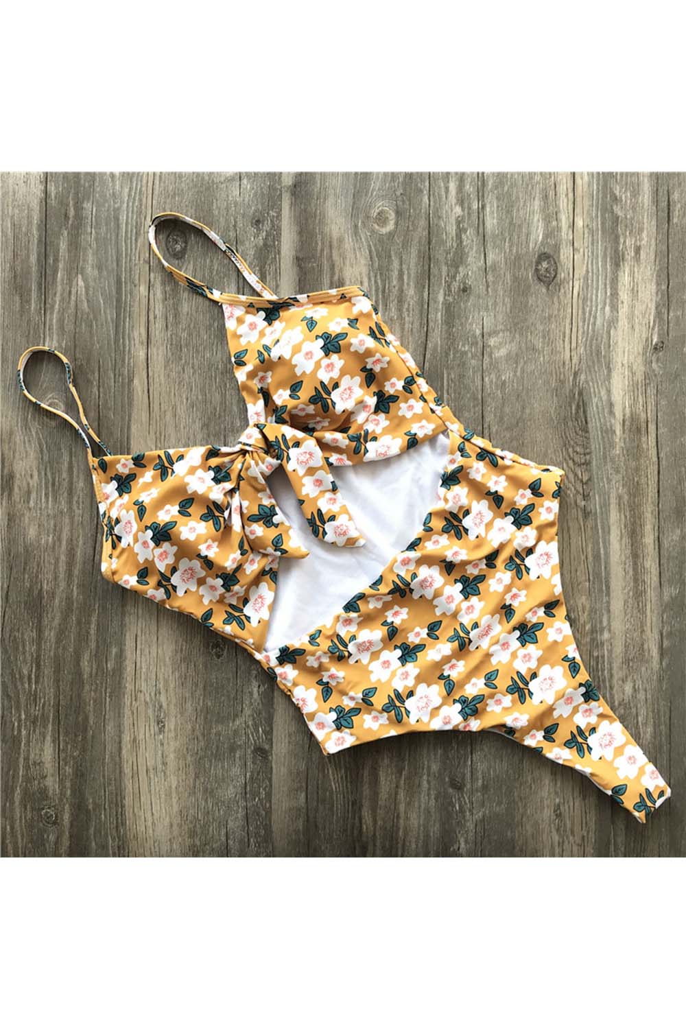 Floral print polka dot high waist one piece swimsuit