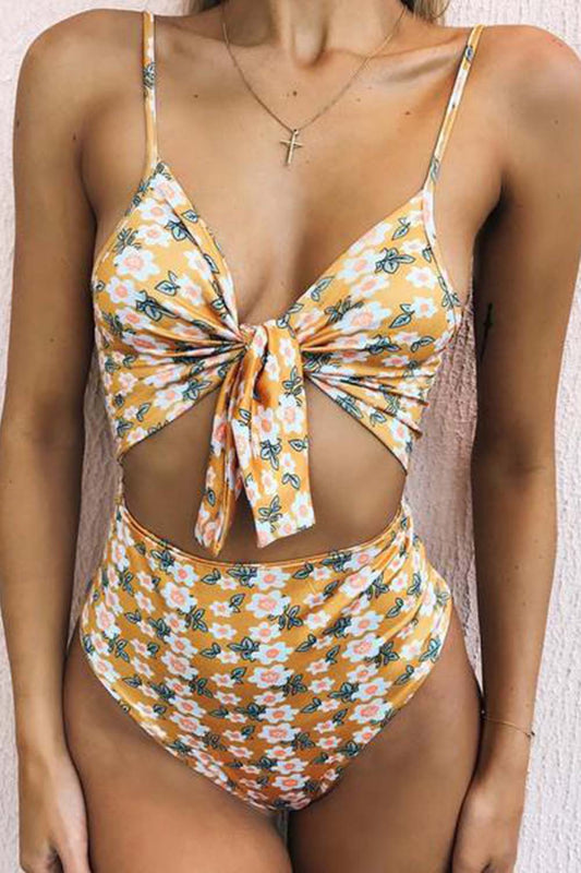 Floral print polka dot high waist one piece swimsuit