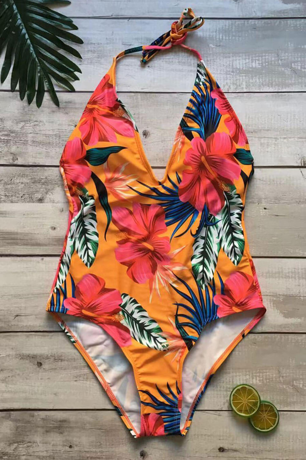 BOHO LOW BACK FLORAL PRINTED DEEP V HALTER ONE PIECE SWIMSUIT