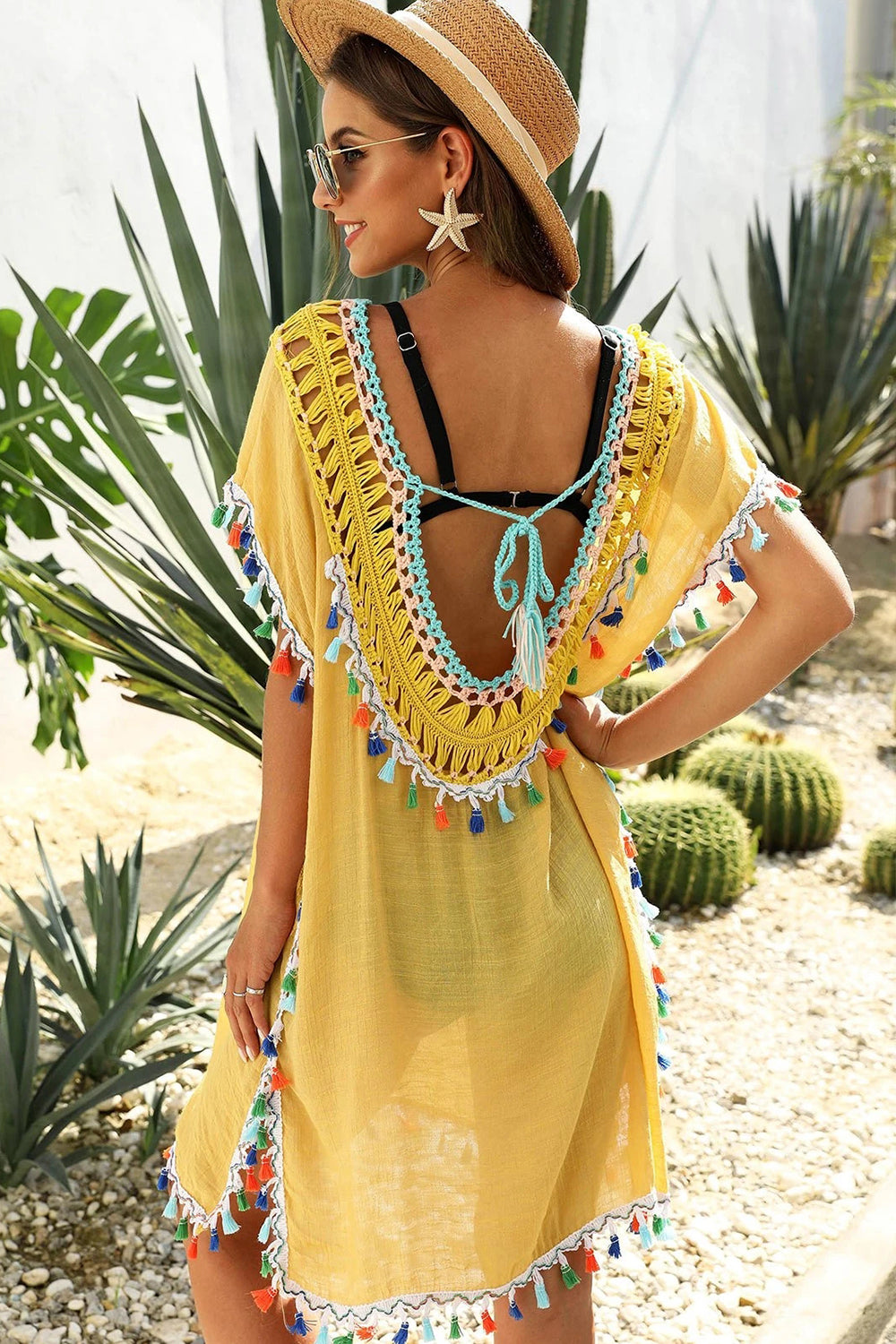 Crochet Insert Side Slit Tasseled Cover-up