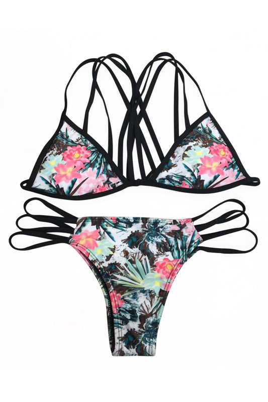 Iyasson floral printing Bikini Set with  Handmade Multi-Straps at Back