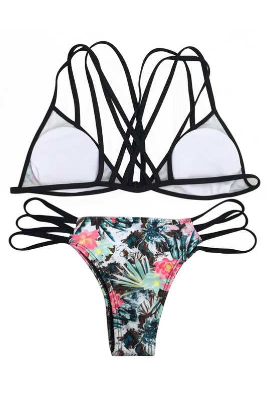 Iyasson floral printing Bikini Set with  Handmade Multi-Straps at Back