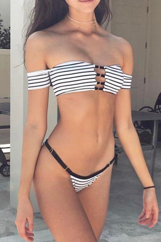 Iyasson Stripe printing Strapless Bikini Set