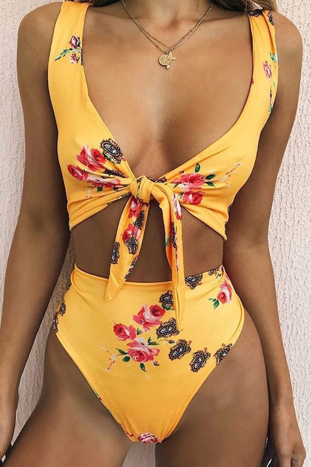 Iyasson Vintage Yellow Floral printing Bikini Set