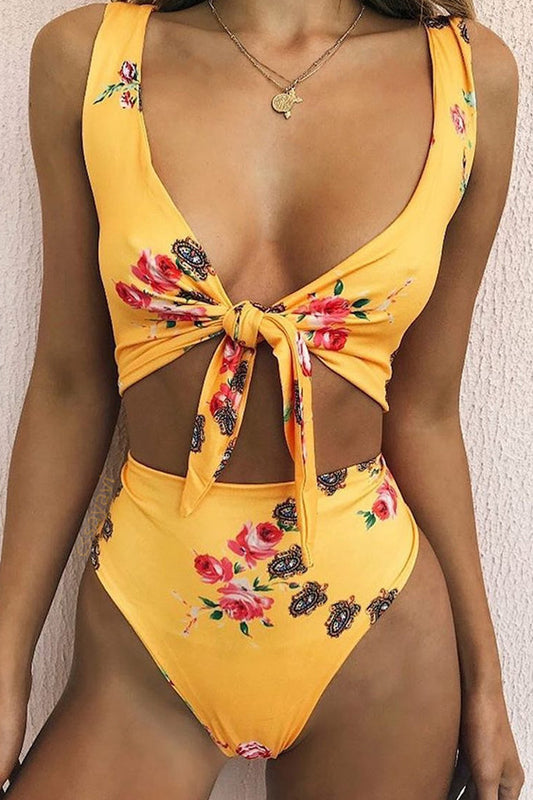 Iyasson Vintage Yellow Floral printing Bikini Set