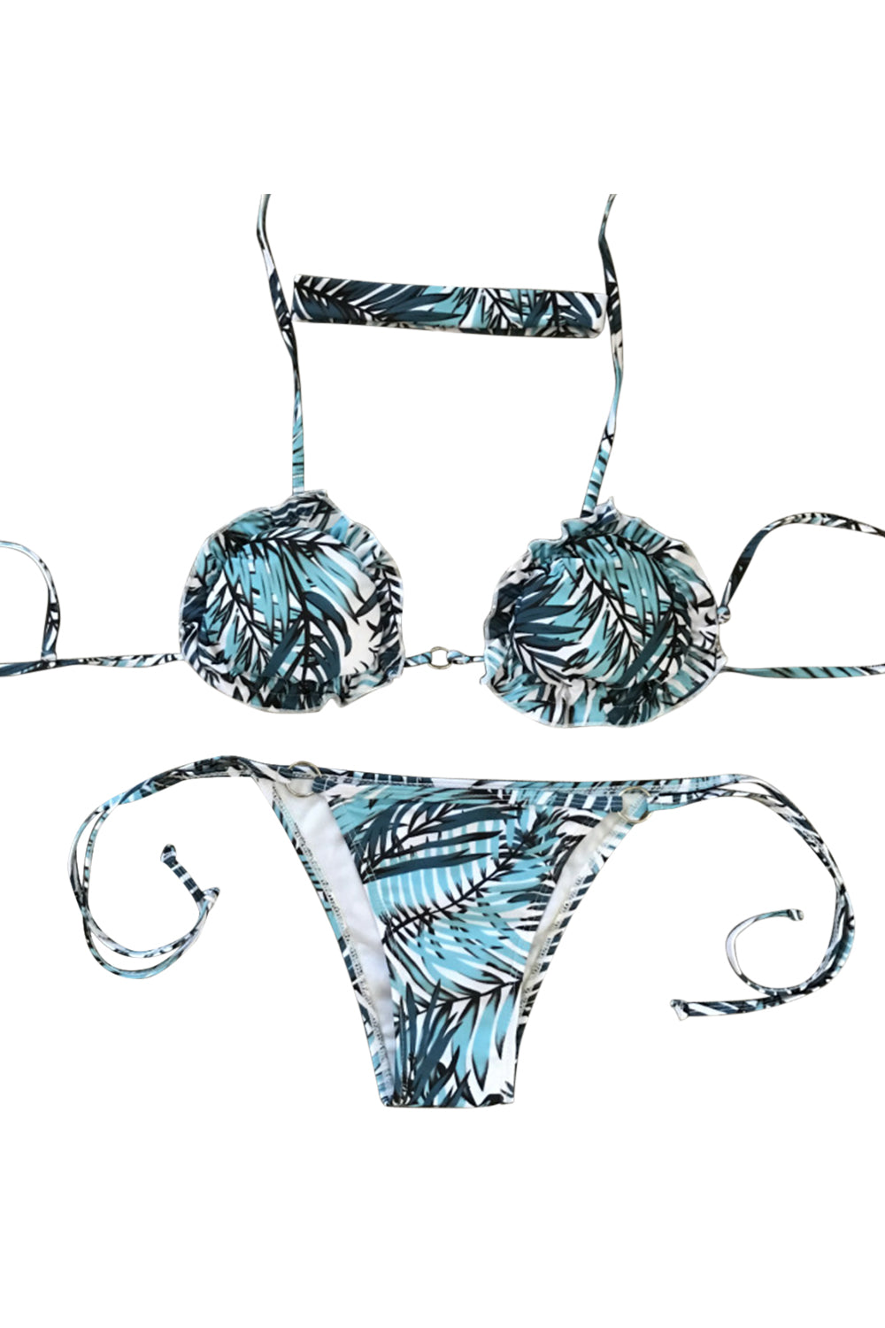 Iyasson Tropical Forest Leaves Print Ruffle Bikini Set