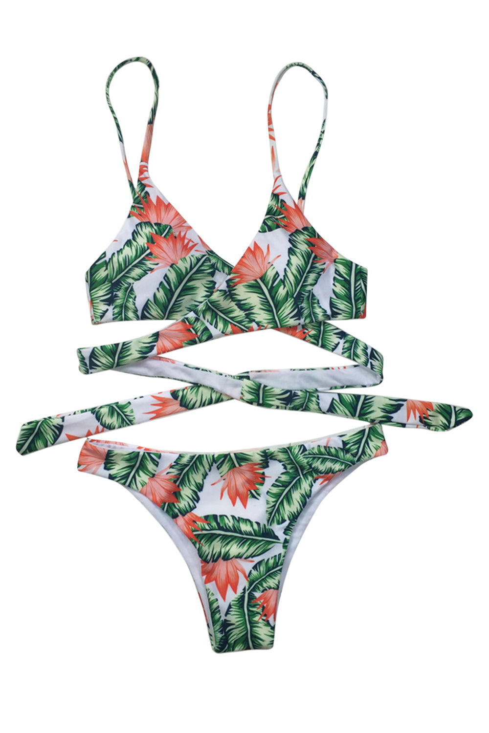Iyasson Sexy Tropical Leaves Printing Cross Design Swimsuit