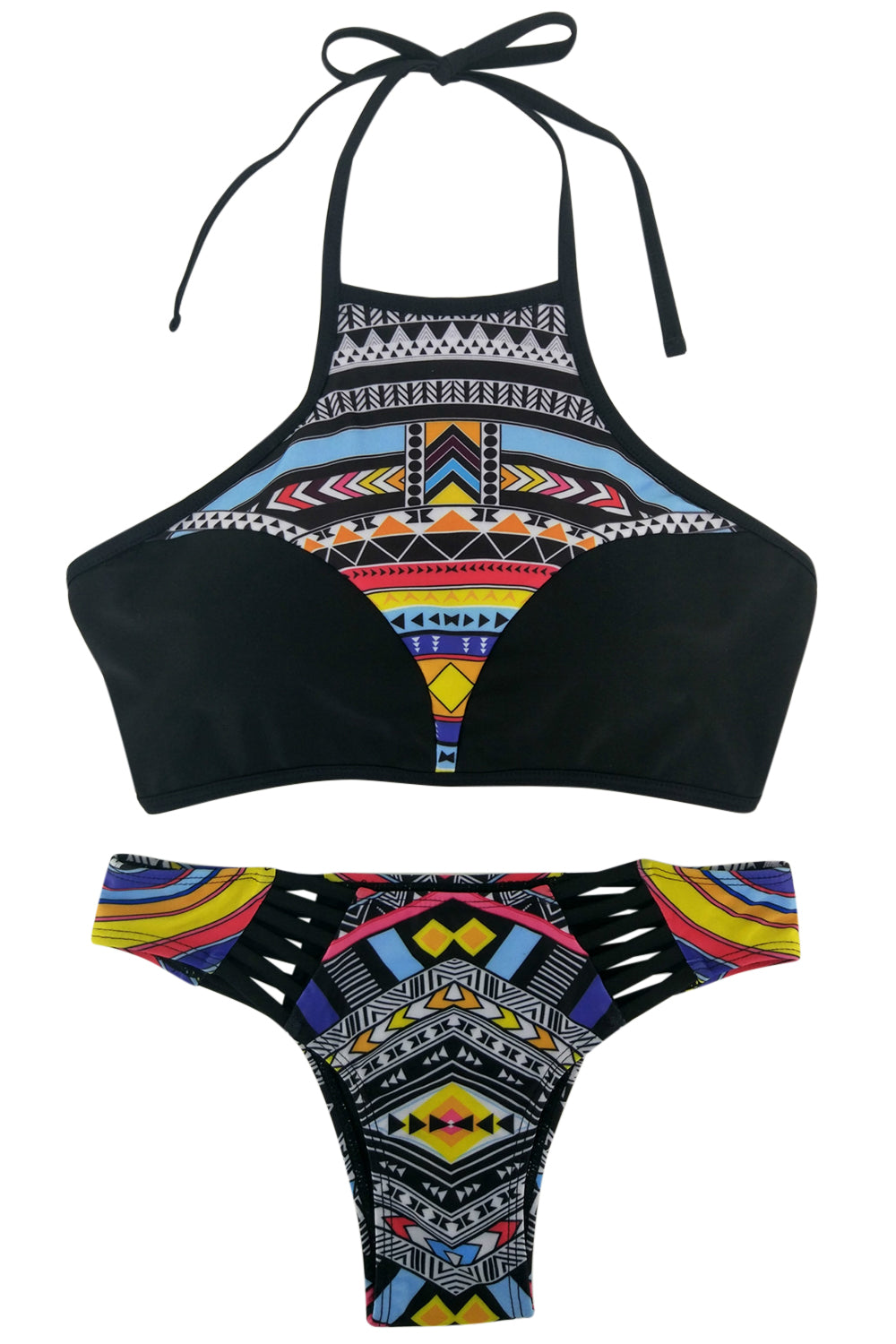 Iyasson Geometric Pattern Trendy High Neck Design Bikini Set