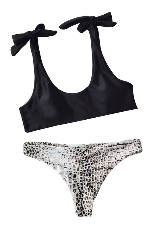 Iyasson Black Bow Top With Snake Pattern Bottom Bikini Set