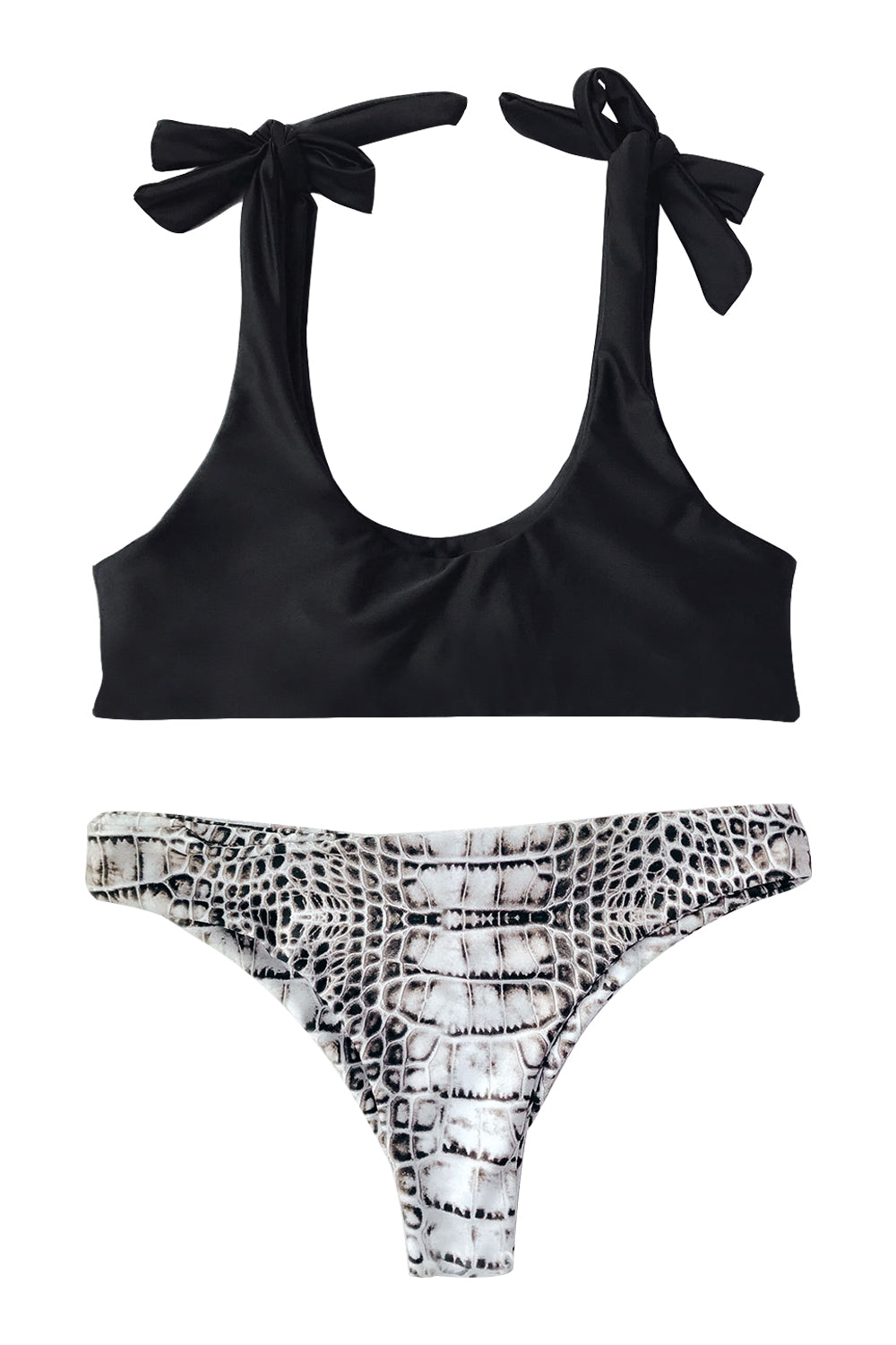 Iyasson Black Bow Top With Snake Pattern Bottom Bikini Set