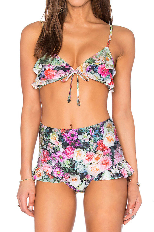 Iyasson Floral Printing Falbala High-waisted fit Bikini Set
