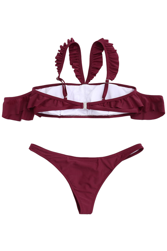 Iyasson Wine Red Falbala design Bikini Set