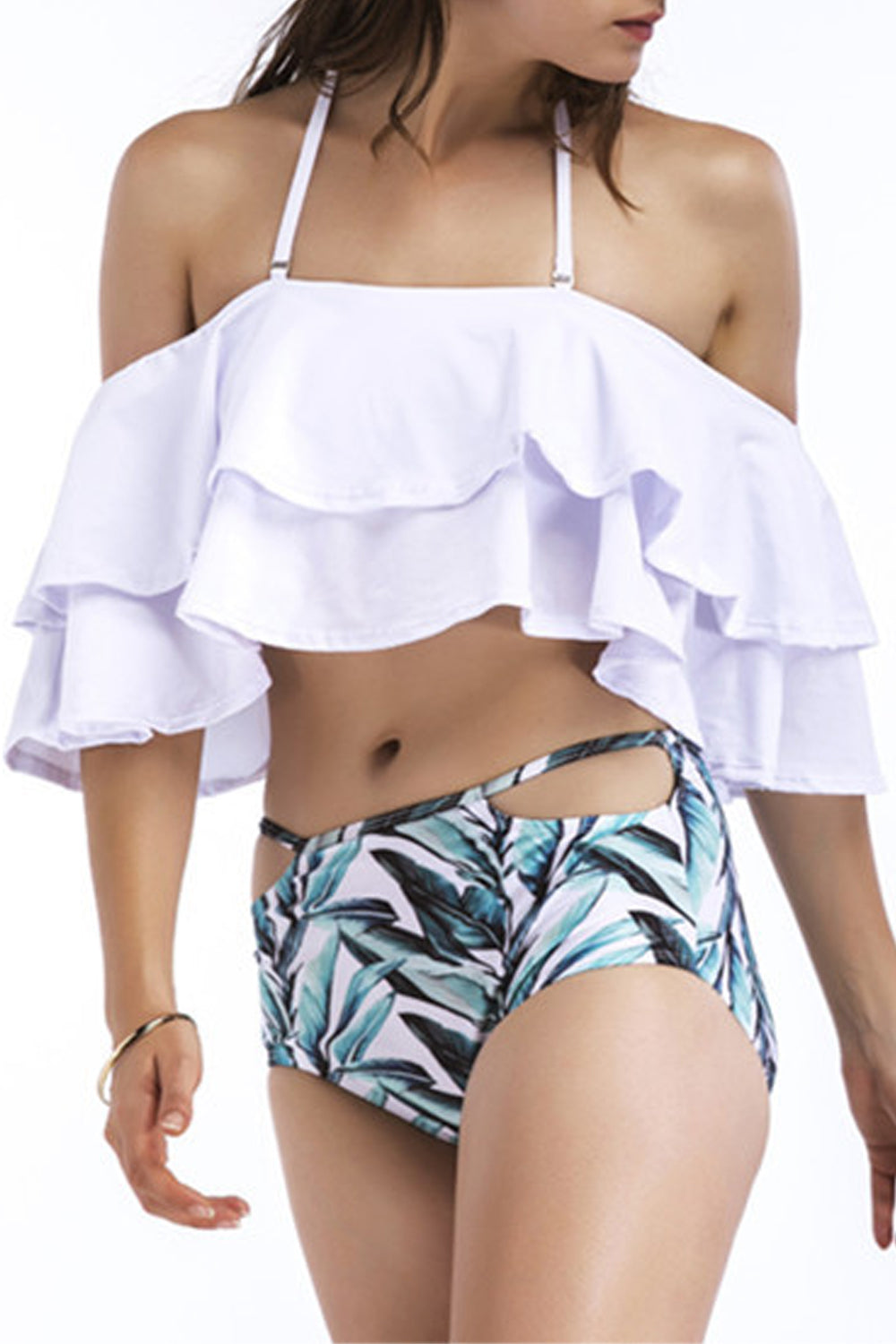 Iyasson Solid Falbala Bikini Top with Leaves printing Bottom