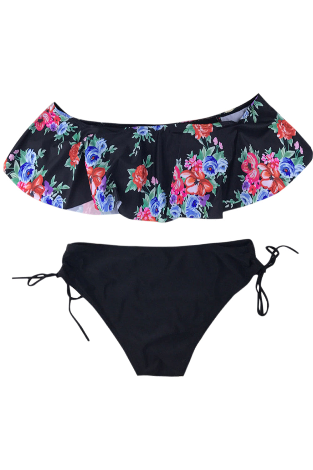 Iyasson Flower Printing Falbala Bikini Top With Black Ties at bottom sides