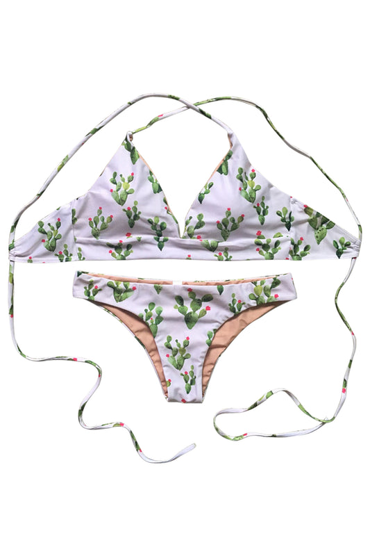 Iyasson Cute Cactus Printing Halter Bikini Set