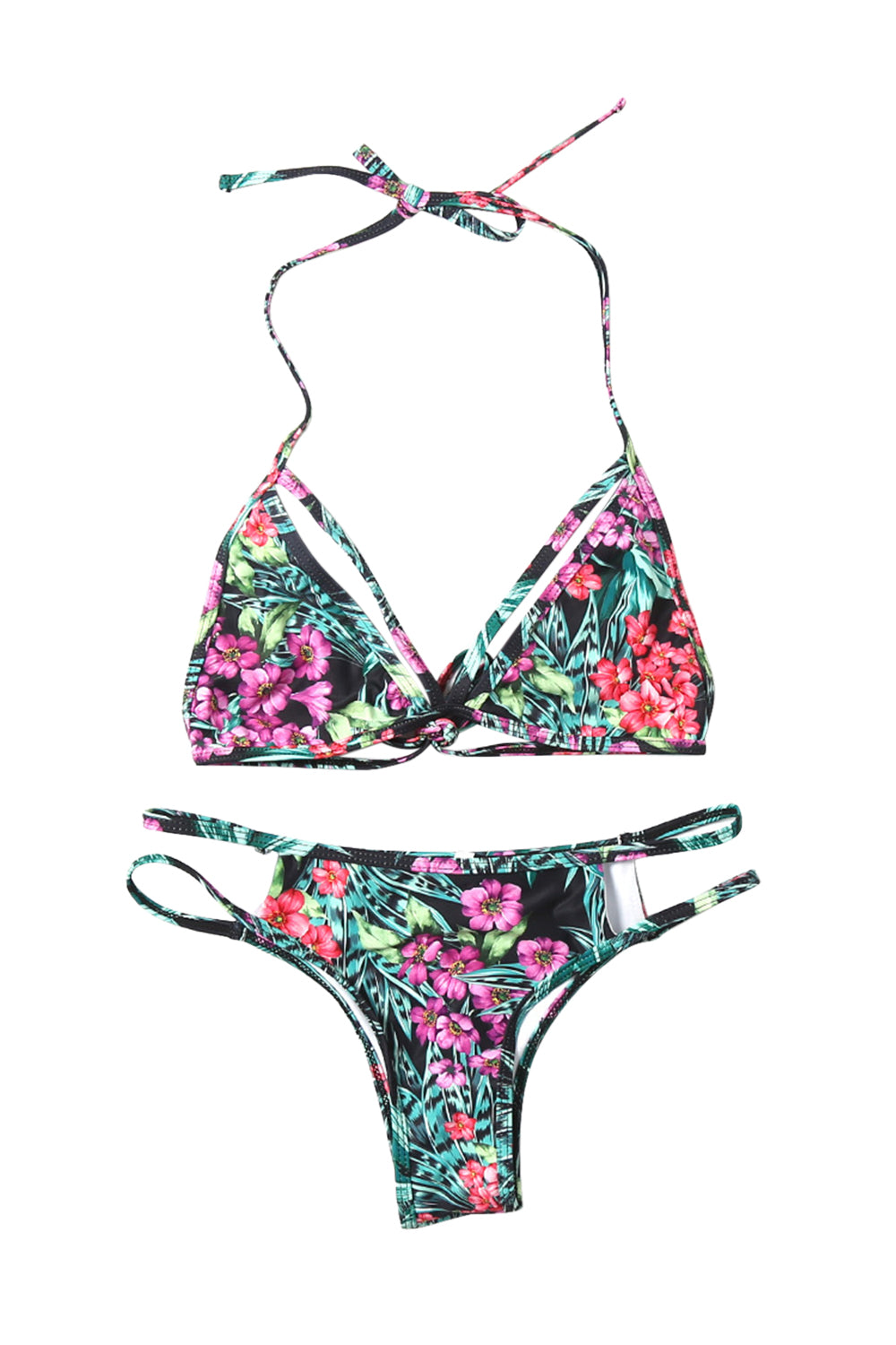 Iyasson Tropical Flower Printing Halter Bikini Top with Double-string Bottom