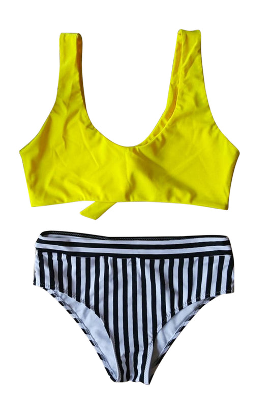 Iyasson Breezy Yellow Bikini Top With Stripe Printing Bottom