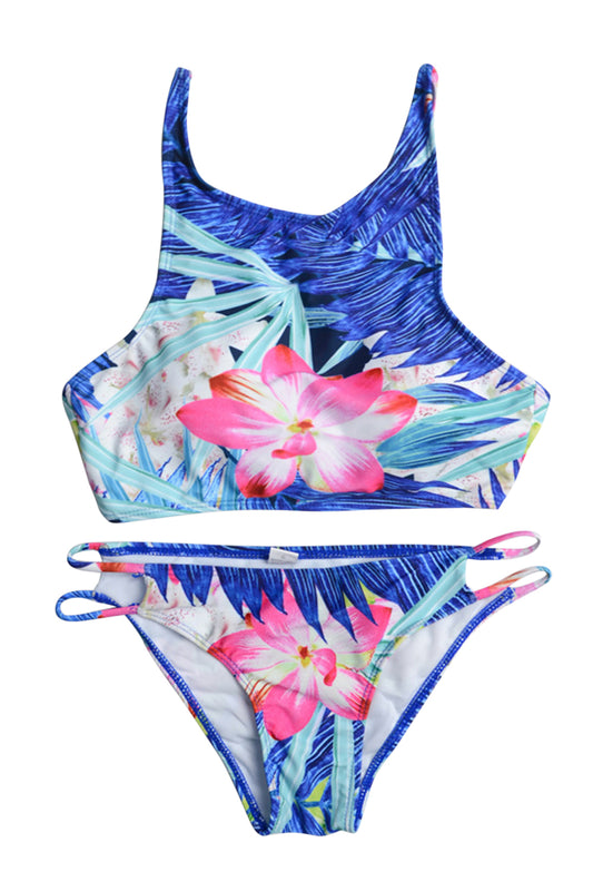 Iyasson Floral Printing Trendy Sport Style High Neck Bikini Top with Double-string Bottom