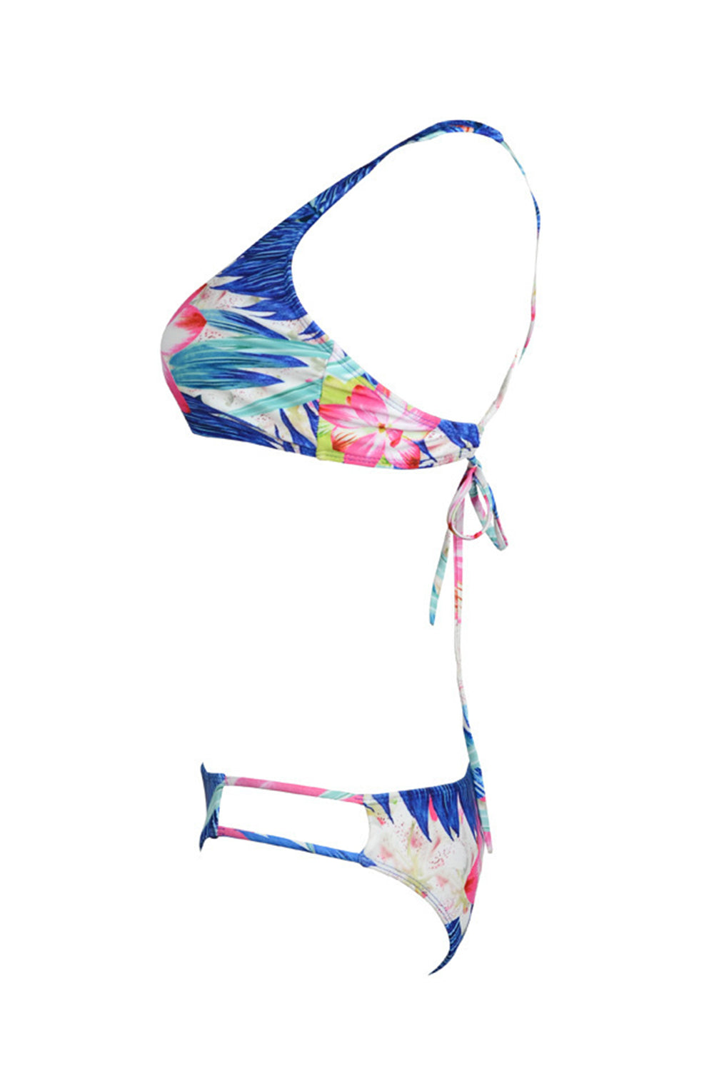 Iyasson Floral Printing Trendy Sport Style High Neck Bikini Top with Double-string Bottom