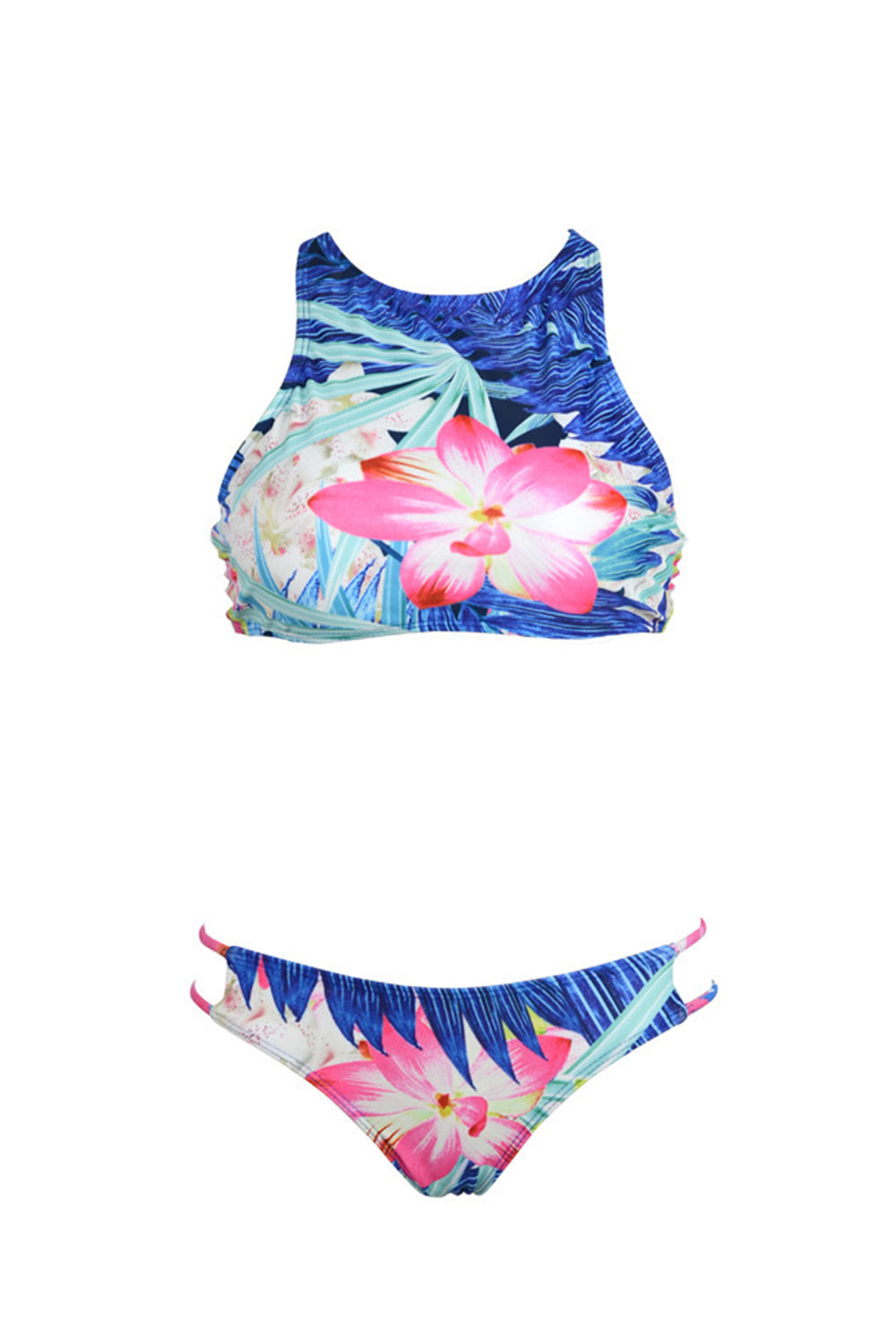 Iyasson Floral Printing Trendy Sport Style High Neck Bikini Top with Double-string Bottom