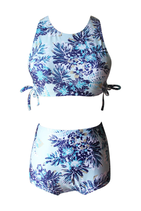 Iyasson Blue Floral Printing Tank Top Bikini Set