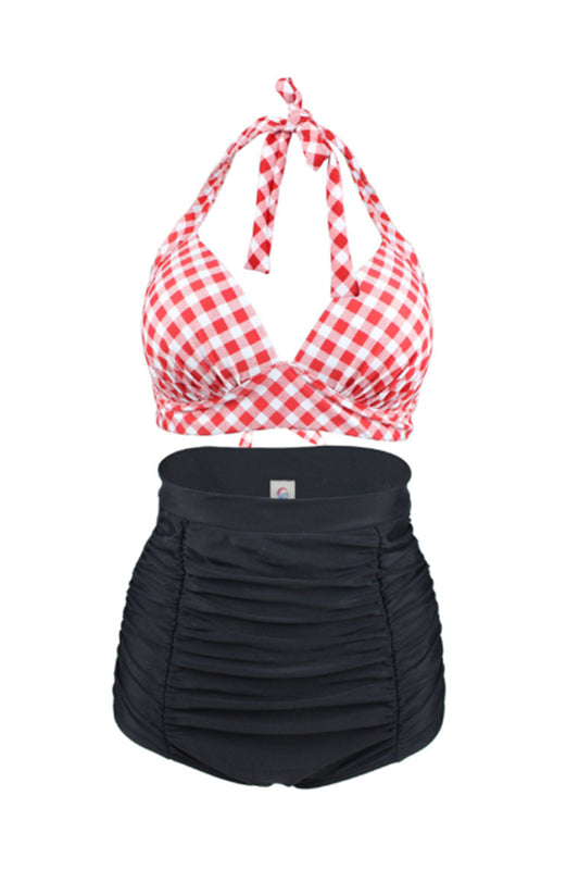 Split Straps Halter Plaid High-Waist Bikini Swimsuit