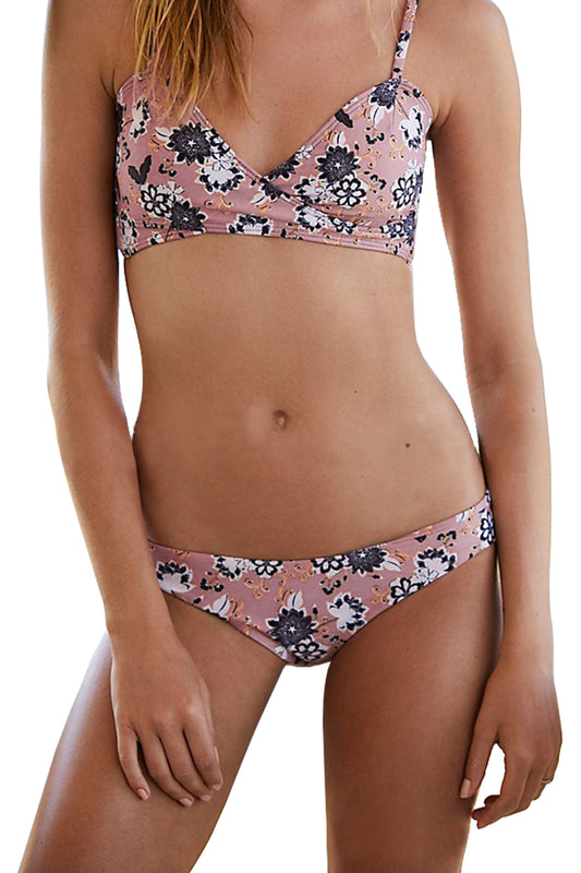 Iyasson Pink Floral Printing Front Cross Design Bikini Sets