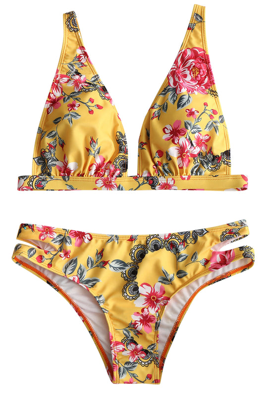 Iyasson Sexy Yellow Floral Printing Swimwear