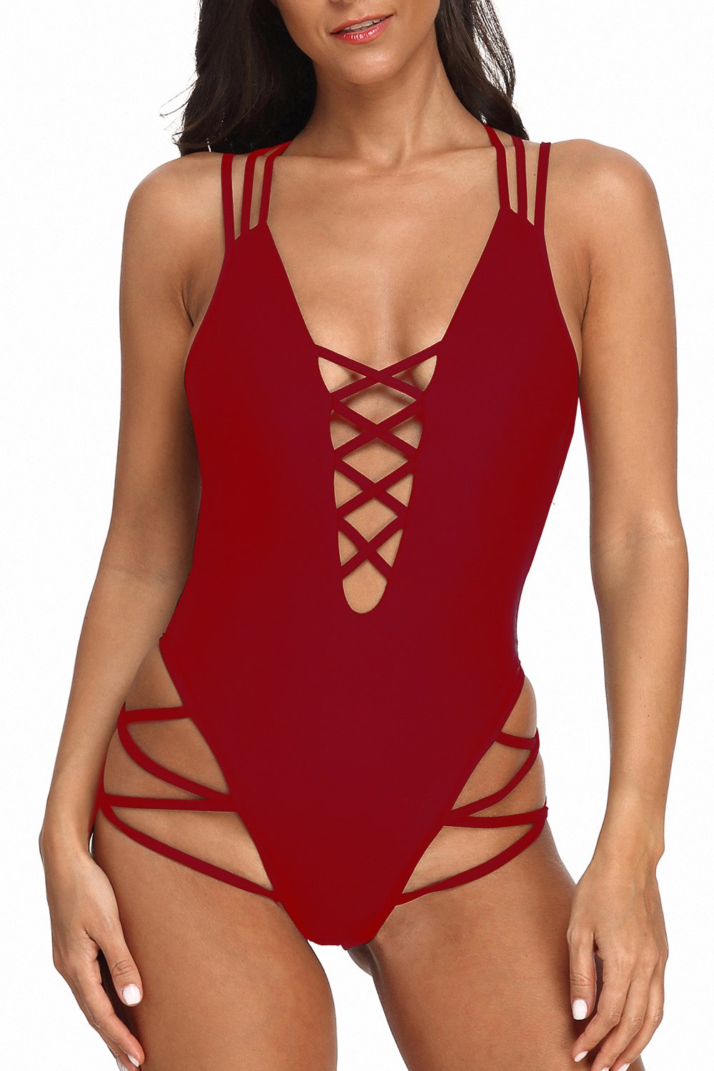 Women One Piece Bathing Suit Falbala Plunge V Neck Monokini Swimsuit