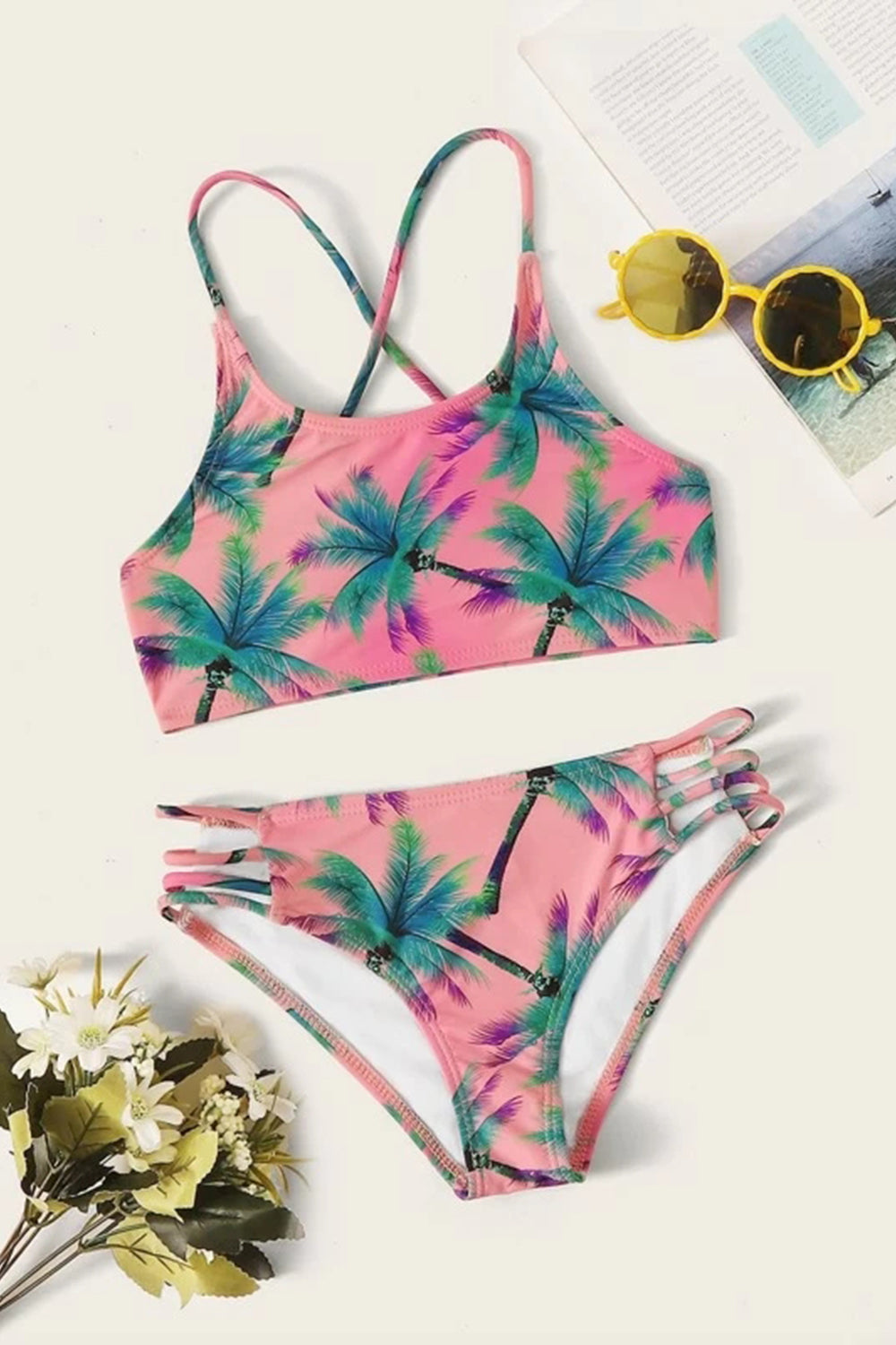 Girls Palm Tree Print Criss Cross Bikini Set