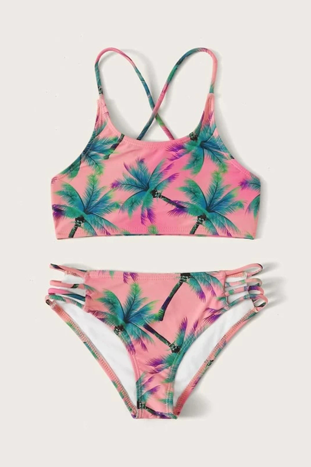 Girls Palm Tree Print Criss Cross Bikini Set